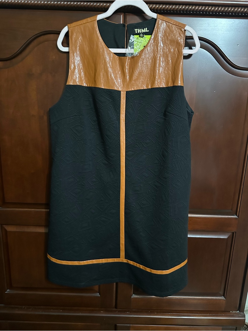 THML Black Mini Dress with Tan Faux-Leather Trim